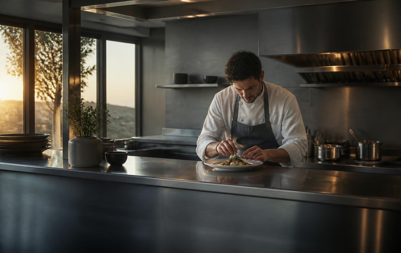 A chef plating a dish in a calm modern kitchen at golden hour